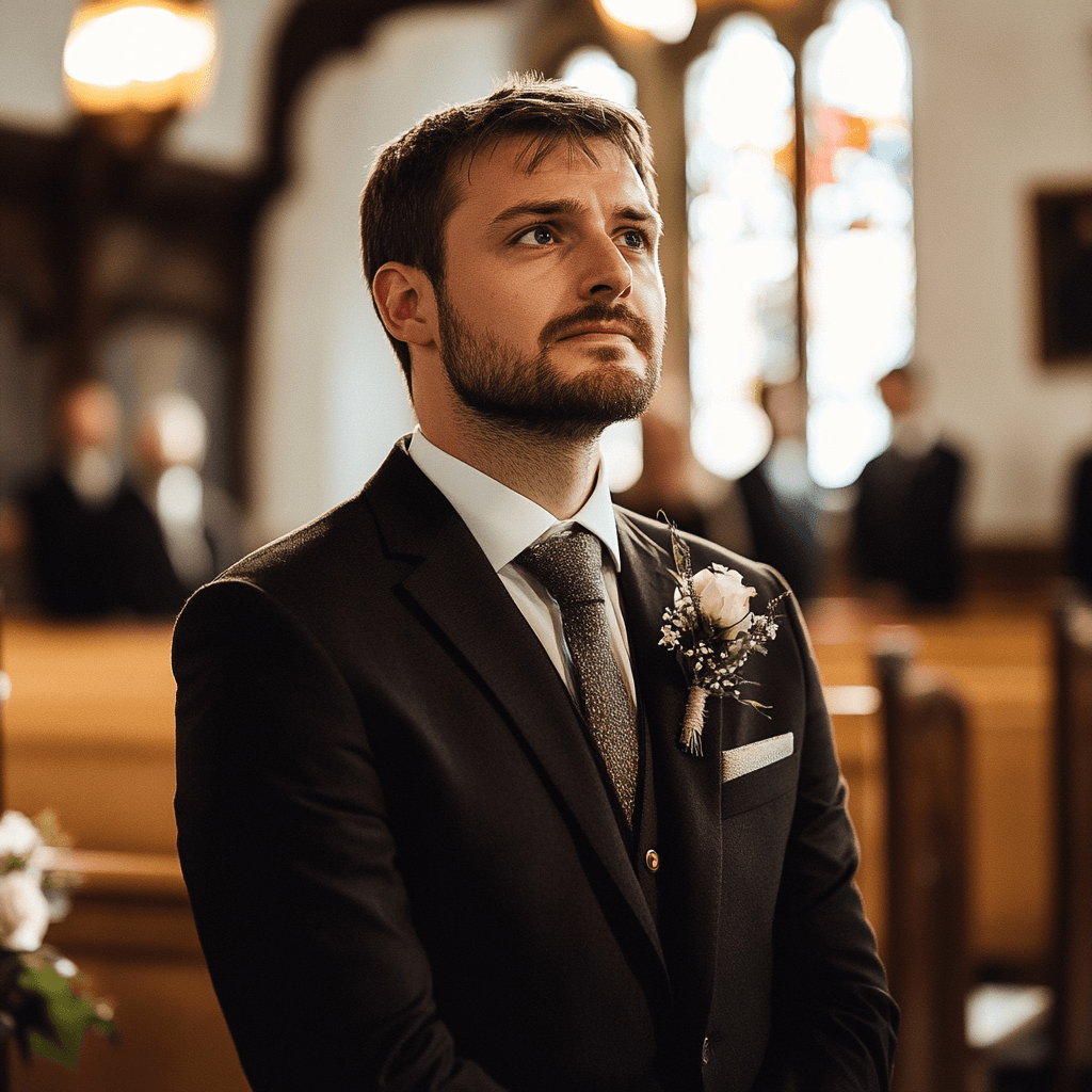 Confused groom standing at the altar | Source: Midjourney