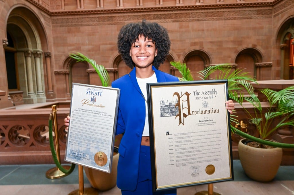 Kamora Freeland, a17-year-old who recently became one of the youngest African American pilots in US history was honored with a proclamation of achievement by the New York State Senate and Assembly at the state Capitol Monday, March 18, 2024, in Albany, N.Y.