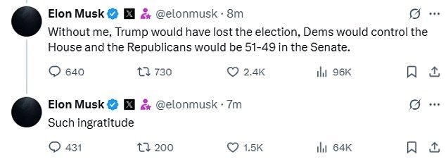 Elon Musk objected to President Donald Trump's claim that Trump would have won Pennsylvania - and the 2024 election - without the help from the world's richest man. 'Such ingratitude,' Musk commented