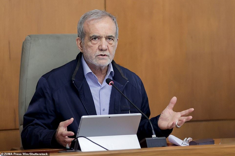 Last night, despite widespread calls to de- escalate , Iran president Masoud Pezeshkian (pictured) said the US 'must receive a response for their aggression'. And a senior adviser to Iran's Supreme Leader, Ayatollah Khamenei, warned: 'There will no longer be any place for the presence of the United States and its bases' in the region. Abbas Araghaci, Iran's foreign minister who described the US government as 'lawless and warmongering', is expected to meet Putin in Moscow today to discuss how to respond.