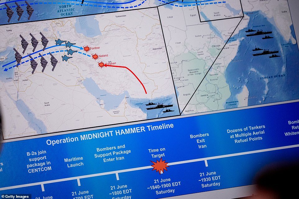 In an address to the nation as the B-2s were flying home, Mr Trump said: 'Our objective was the destruction of Iran's nuclear enrichment capacity and a stop to the nuclear threat posed by the world's number one state sponsor of terror. 'Tonight, I can report to the world that the strikes were a spectacular military success. Iran's key nuclear enrichment facilities have been completely and totally obliterated. Iran, the bully of the Middle East, must now make peace. If they do not, future attacks would be far greater and a lot easier.'