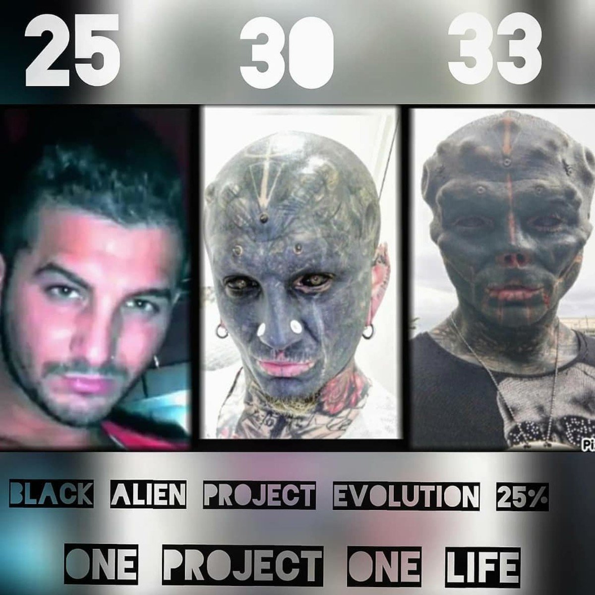 An eight-year visual progression of Anthony Loffredo's face from no modifications to tattoos and surgical enhancements, Photo Credit: the_black_alien_project/Instagram